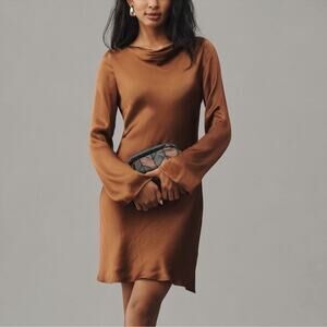 By Anthropologie Women’s Long Bell Sleeve Cowl Neck Satin Brown Mini Dress XS